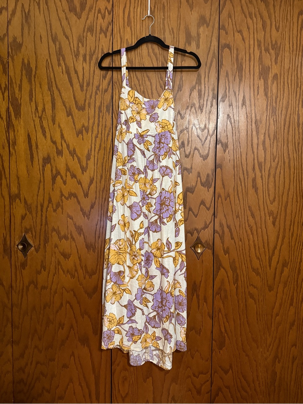 Ripe Maternity Linen Blend Floral Midi Dress XS Purple Yellow Sleeveless Boho